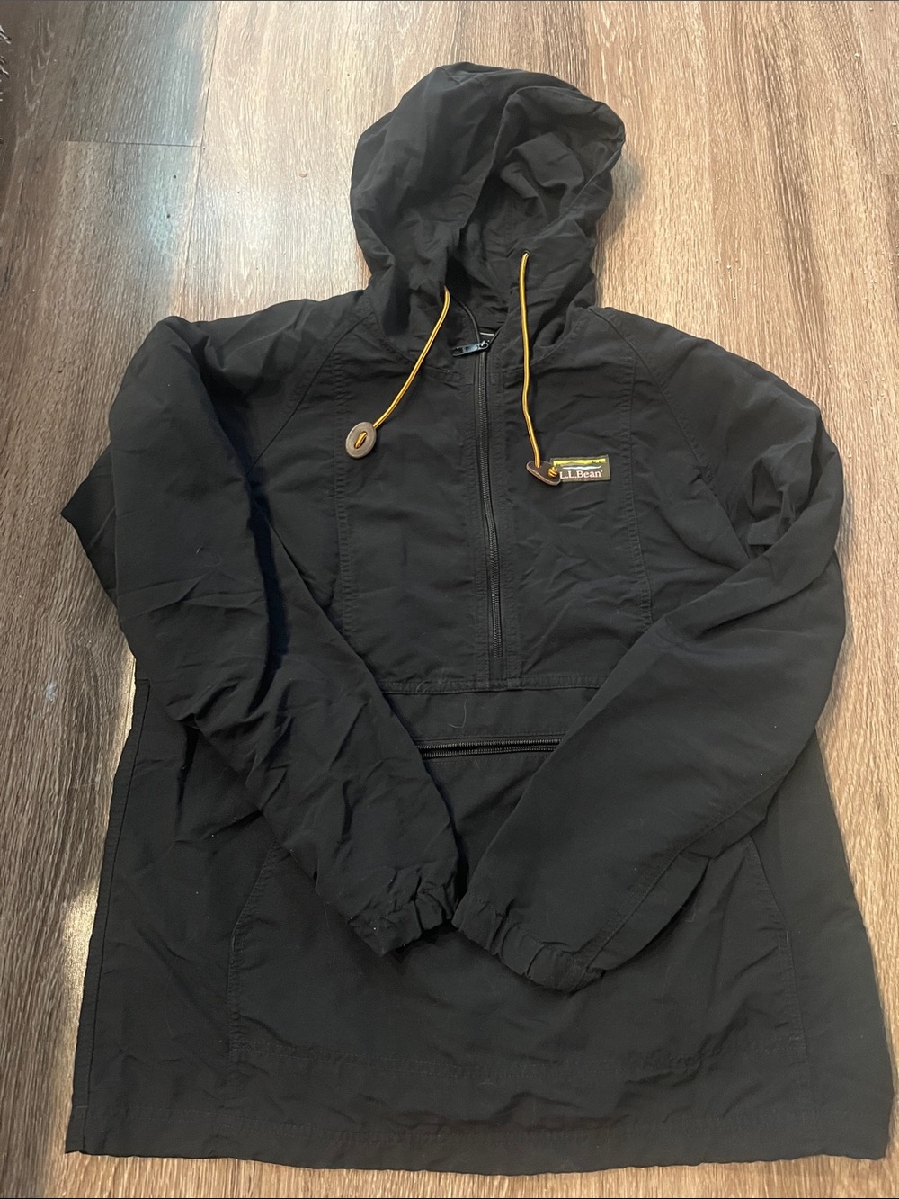 L.L. Bean Black Hooded Pullover Anorak with Yellow Drawcords